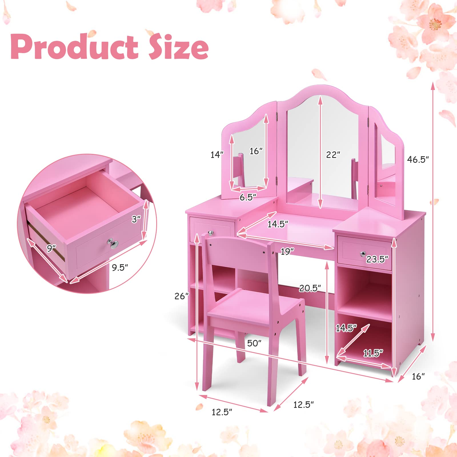 OLAKIDS Kids Vanity, 2 in 1 Princess Makeup Desk and Chair Set