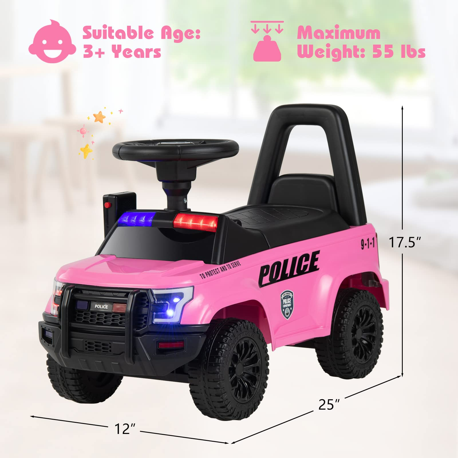 OLAKIDS Ride On Push Police Car, Toddler Foot-to-Floor Sliding Toy with Siren, Steering Wheel, Megaphone, Horn, Headlights, Under Seat Storage OLAKIDS