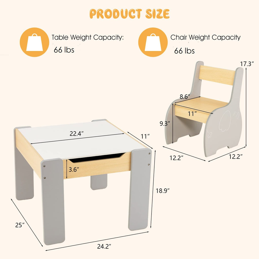 OLAKIDS 3 in 1 Kids Table and Chair Set, Wood Multi Activity Table with Removable Tabletop, Detachable Blackboard