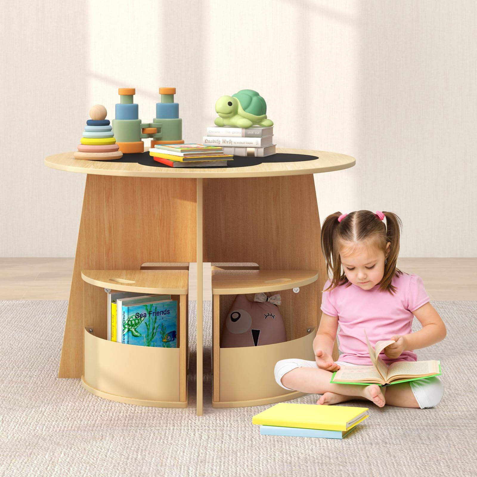 OLAKIDS Toddler Table and Chair Set with 4 Storage Stools, Wooden Flower Shaped Nesting Table with Blackboard Drawers