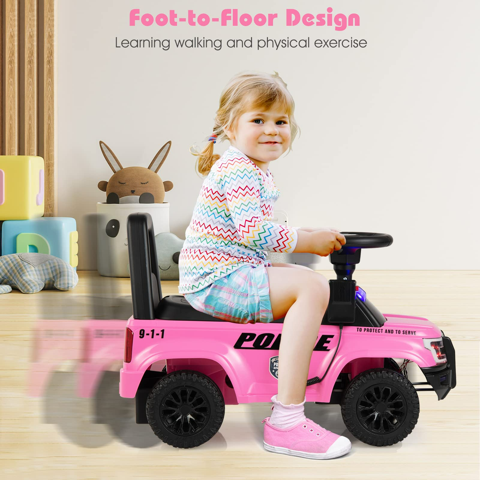 OLAKIDS Ride On Push Police Car, Toddler Foot-to-Floor Sliding Toy with Siren, Steering Wheel, Megaphone, Horn, Headlights, Under Seat Storage OLAKIDS