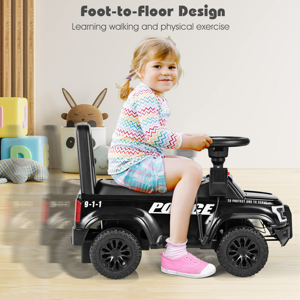 OLAKIDS Ride On Push Police Car, Toddler Foot-to-Floor Sliding Toy with Siren, Steering Wheel, Megaphone, Horn, Headlights, Under Seat Storage OLAKIDS