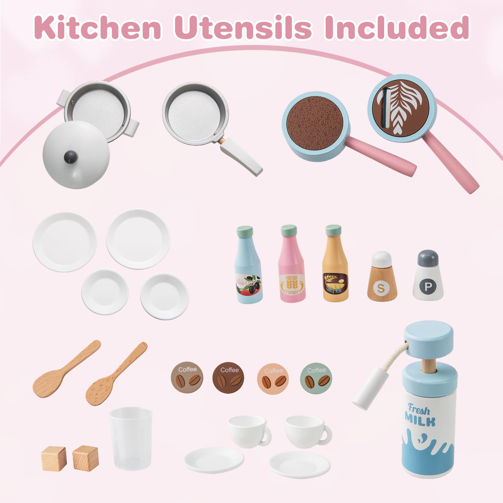 OLAKIDS Kids Kitchen Playset, Toddler Wooden Kitchen Pretend Cooking Toy Set with Coffee Maker