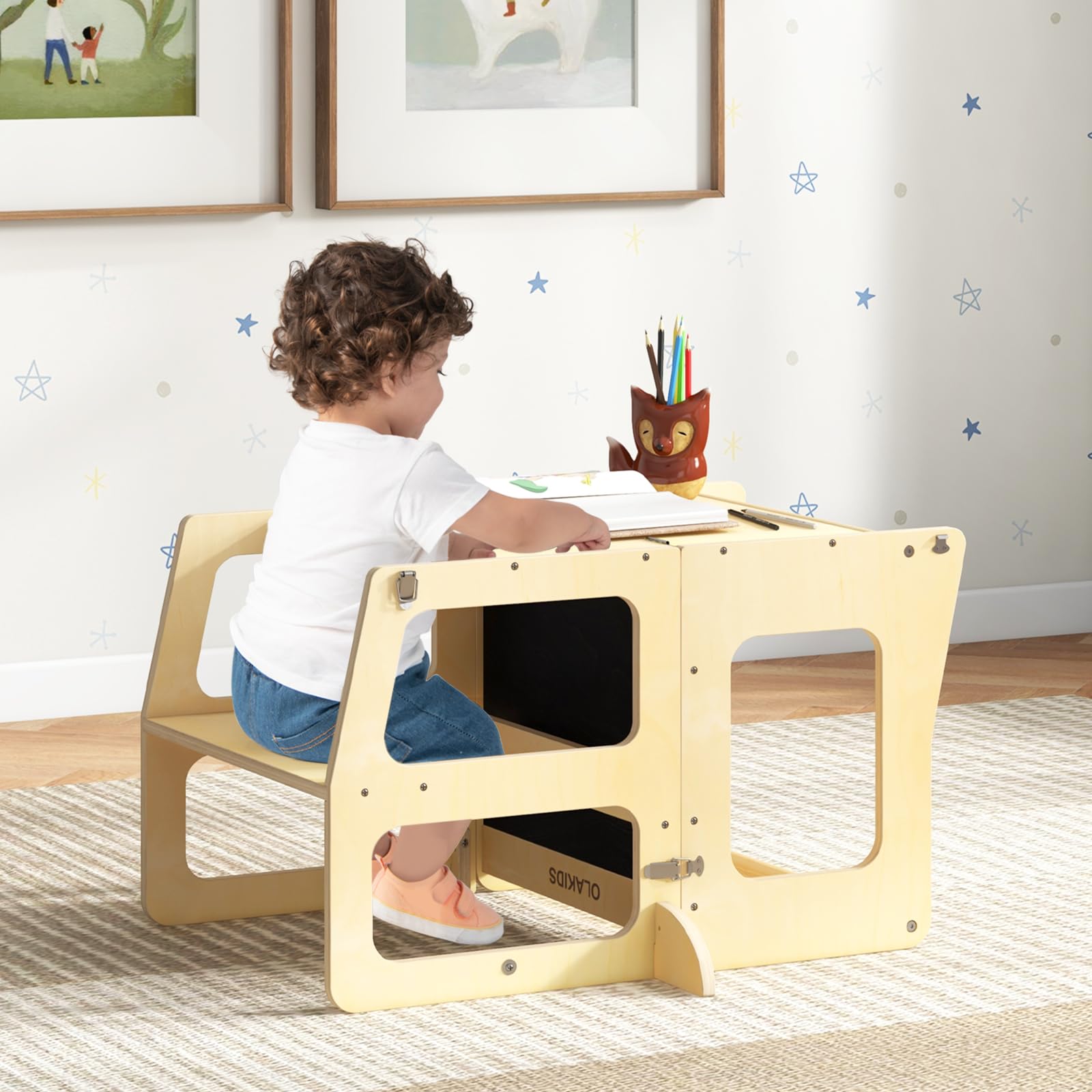 OLAKIDS Toddler Tower, 4 in 1 Foldable Kitchen Stool Helper Learning Standing Tower