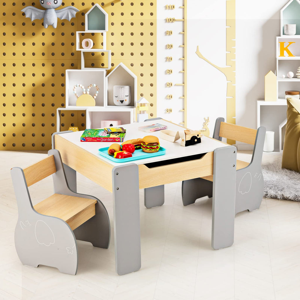 OLAKIDS 3 in 1 Kids Table and Chair Set, Wood Multi Activity Table with Removable Tabletop, Detachable Blackboard