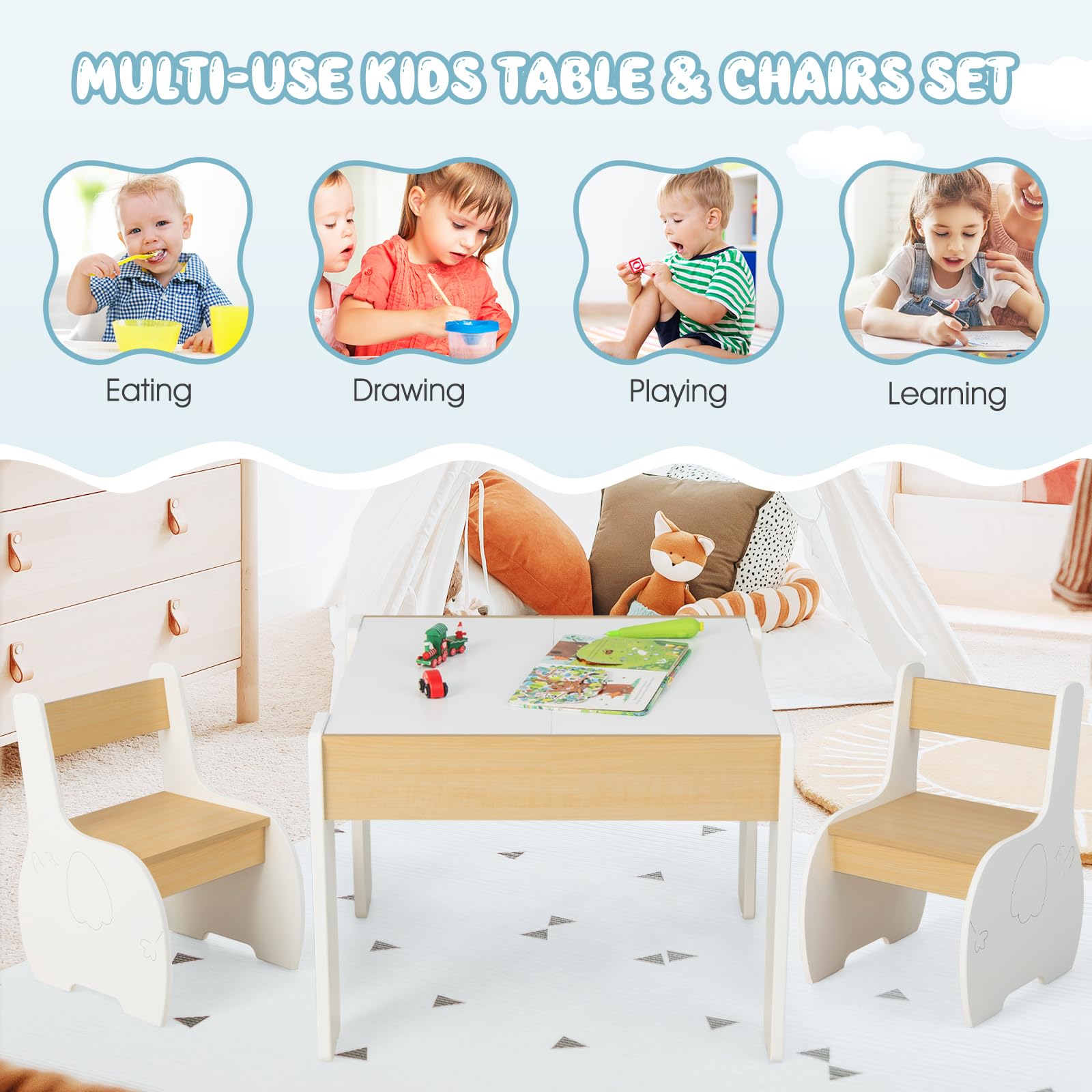 OLAKIDS 3 in 1 Kids Table and Chair Set, Wood Multi Activity Table with Removable Tabletop, Detachable Blackboard