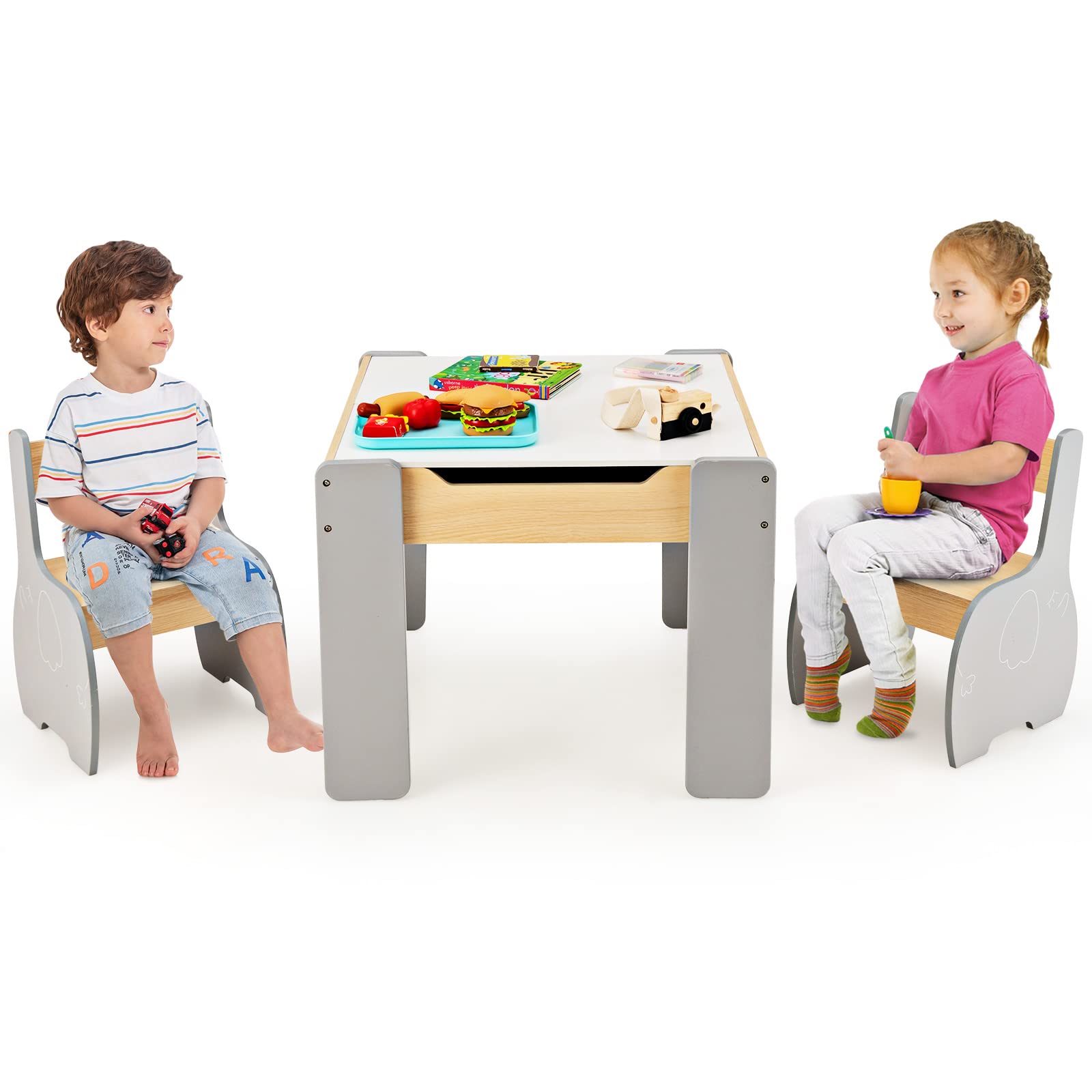 OLAKIDS 3 in 1 Kids Table and Chair Set, Wood Multi Activity Table with Removable Tabletop, Detachable Blackboard