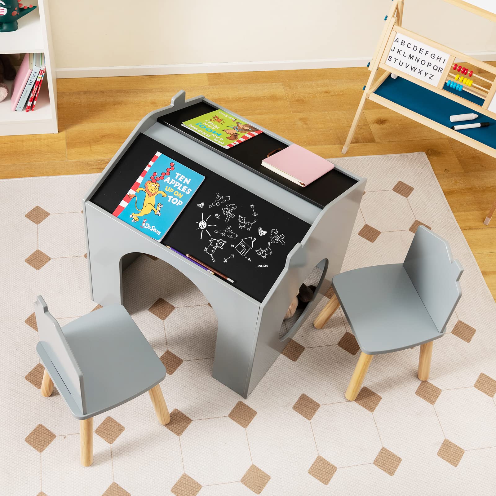 OLAKIDS Kids Table and Chair Set, Wood Multi Activity Table with Blackboard for Toddler Playing Drawing Reading Arts Crafts