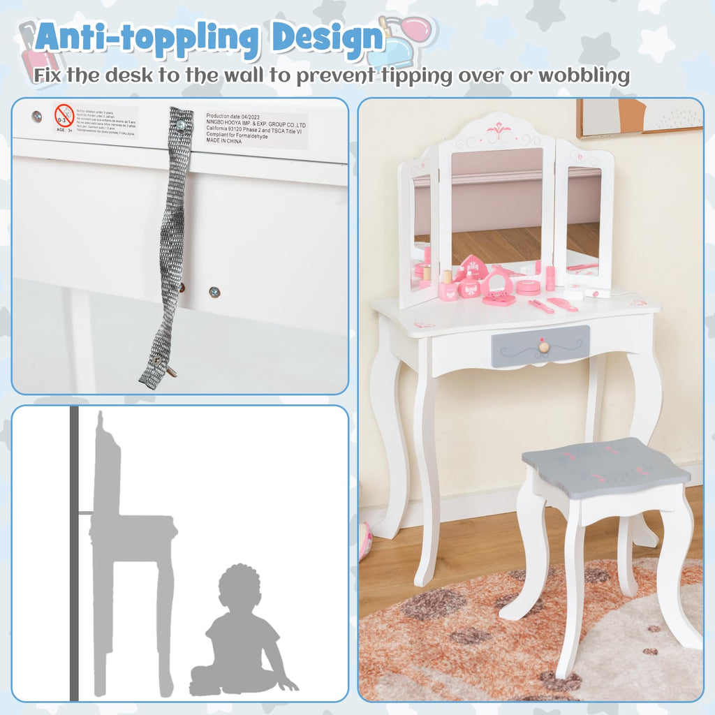 OLAKIDS Kids Vanity, 2 in 1 Princess Makeup Desk Set, Wooden Dressing Table, Pretend Play Vanity Set