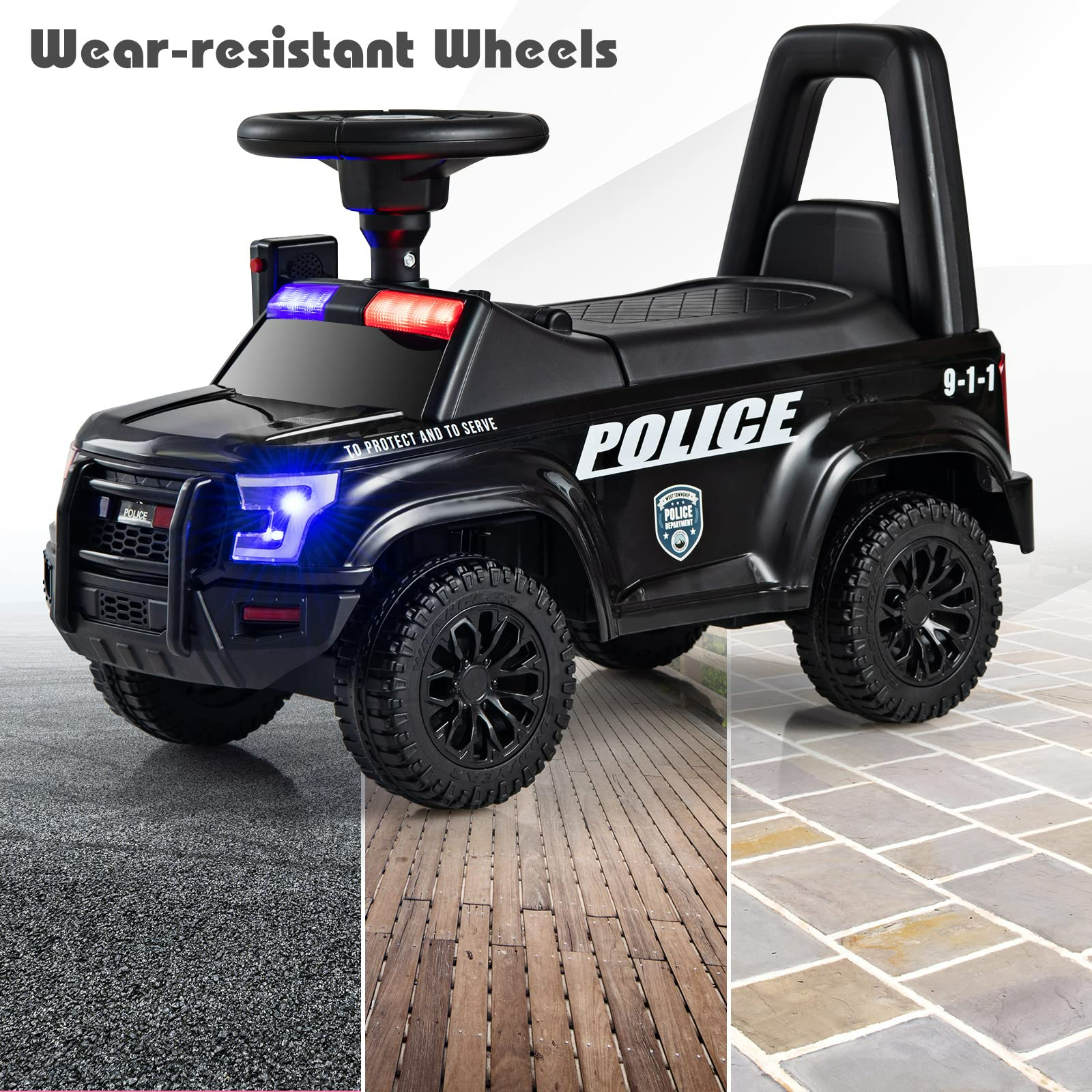 OLAKIDS Ride On Push Police Car, Toddler Foot-to-Floor Sliding Toy with Siren, Steering Wheel, Megaphone, Horn, Headlights, Under Seat Storage OLAKIDS
