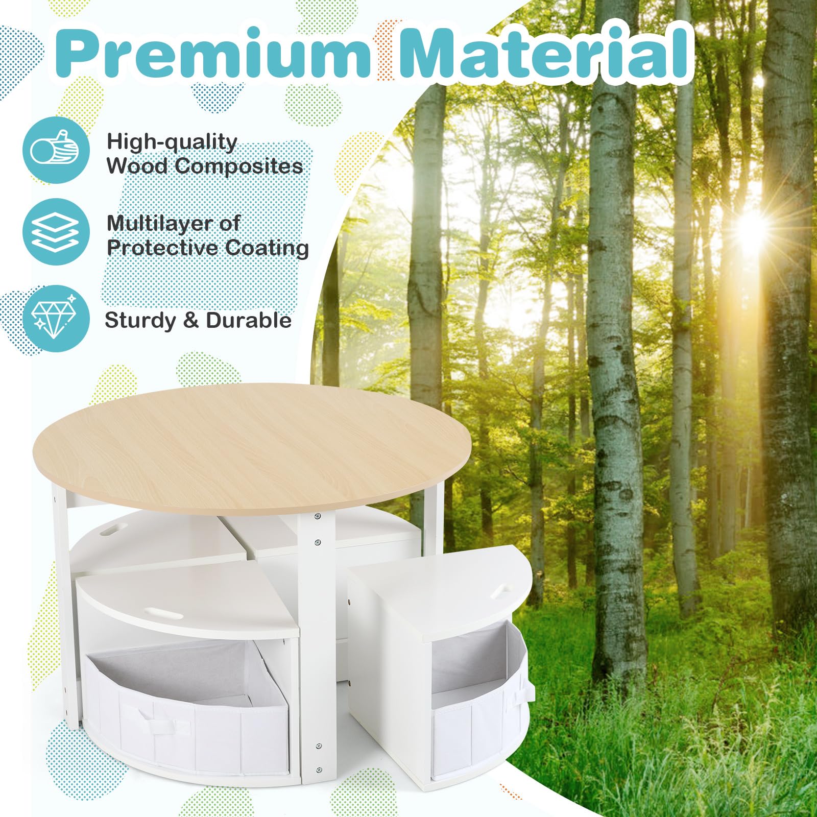 OLAKIDS Toddler Table and Chair Set, Wooden Table and 4 Chairs with Nesting Design, Children Multi-Activity Table