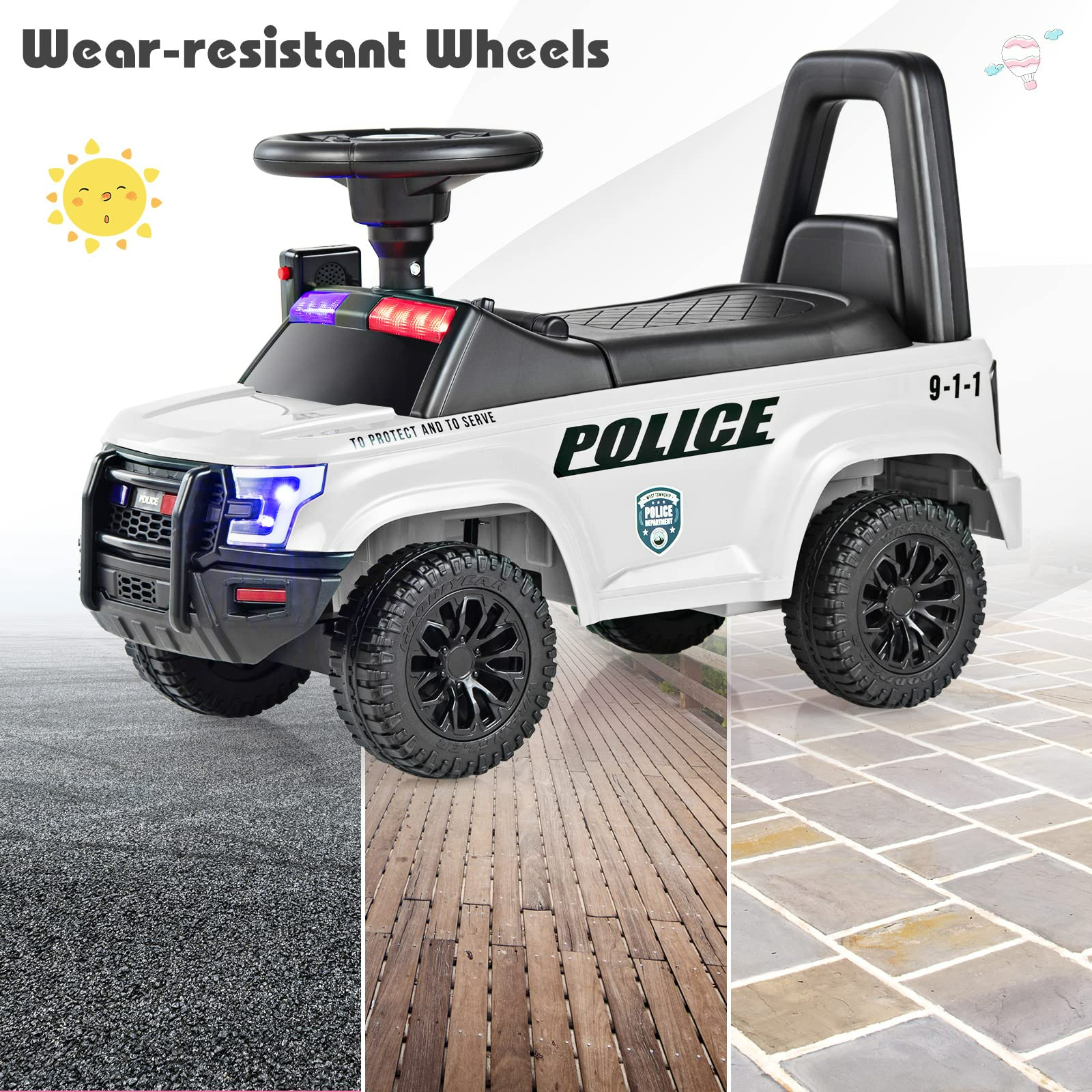 OLAKIDS Ride On Push Police Car, Toddler Foot-to-Floor Sliding Toy with Siren, Steering Wheel, Megaphone, Horn, Headlights, Under Seat Storage OLAKIDS