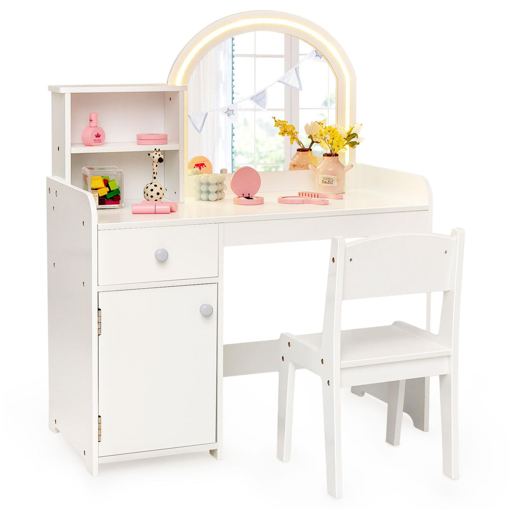 OLAKIDS Kids Vanity, Princess Makeup Desk and Chair Set with Lights Mirror, Pretend Play Vanity Set for Toddler Girls