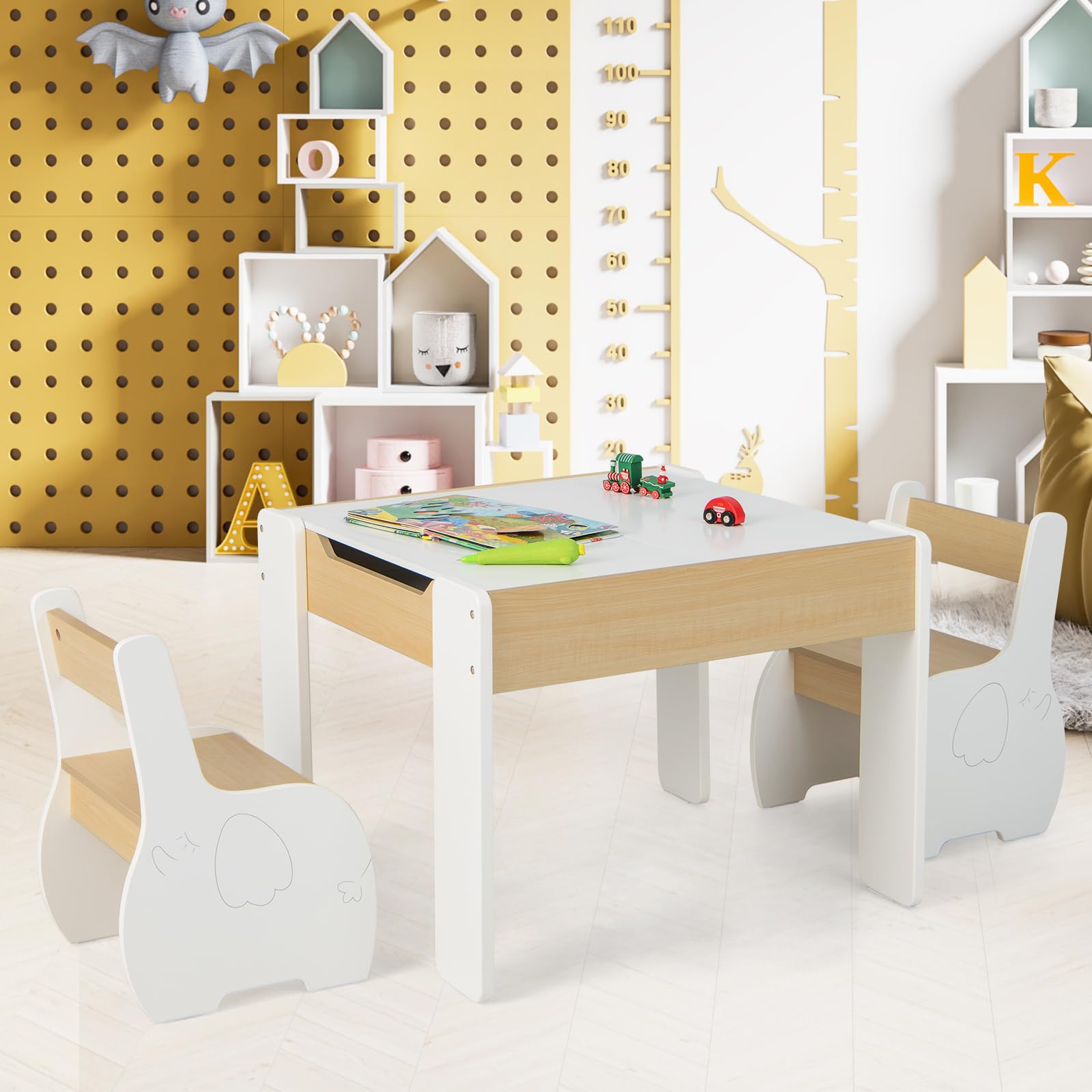 OLAKIDS 3 in 1 Kids Table and Chair Set, Wood Multi Activity Table with Removable Tabletop, Detachable Blackboard