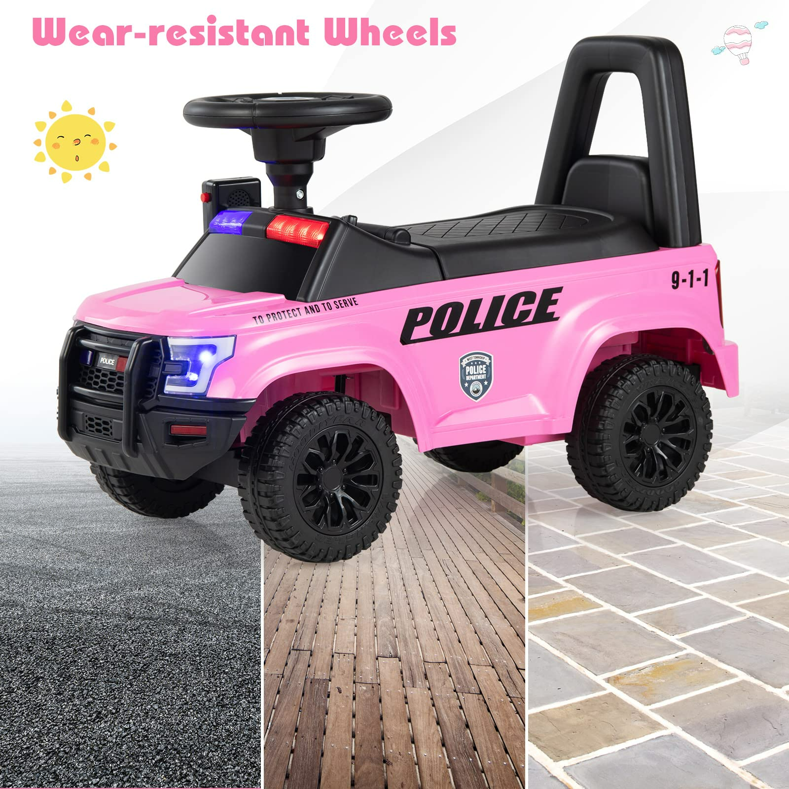 OLAKIDS Ride On Push Police Car, Toddler Foot-to-Floor Sliding Toy with Siren, Steering Wheel, Megaphone, Horn, Headlights, Under Seat Storage OLAKIDS