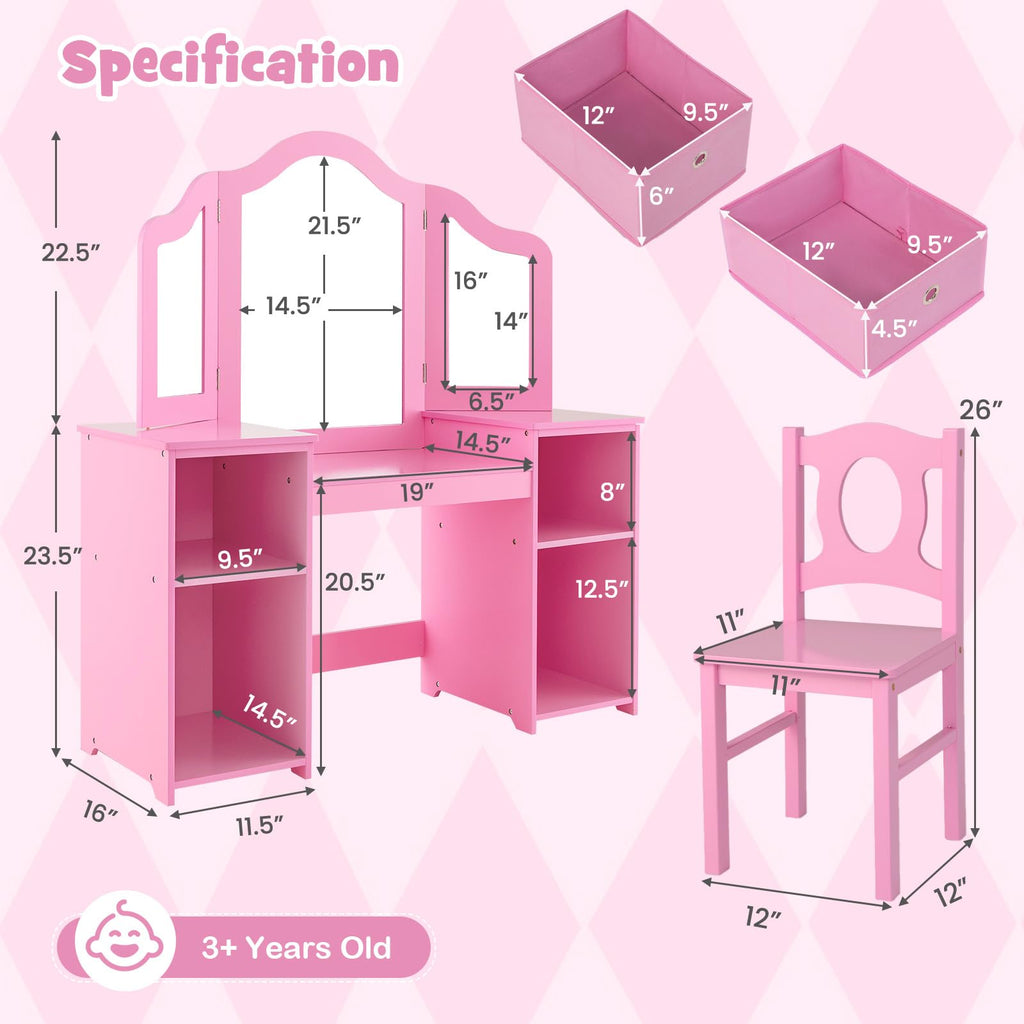 OLAKIDS Kids Vanity, 2 in 1 Princess Makeup Desk and Chair Set