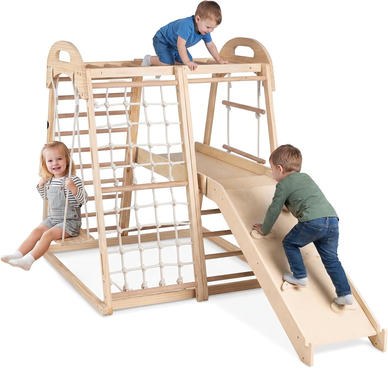 OLAKIDS 8 in 1 Wooden Montessori Indoor Jungle Gym with Swing, Slide, Ramp & Climbing Accessories