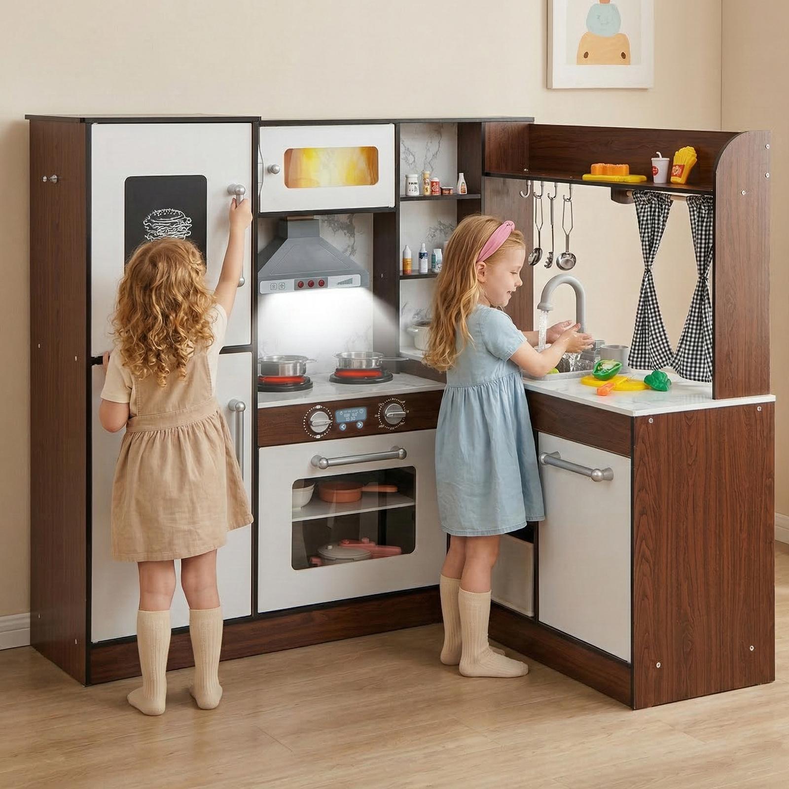 OLAKIDS Corner Kids Kitchen Playset, Ultimate Wooden Pretend Cooking Toy Set with Real Running Water