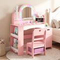 OLAKIDS Kids Vanity with Lights, Princess Makeup Desk with Mirror, Jewelry Hanger, Fabric Drawers, Toddler Table and Chair Set Pretend Play for Girls