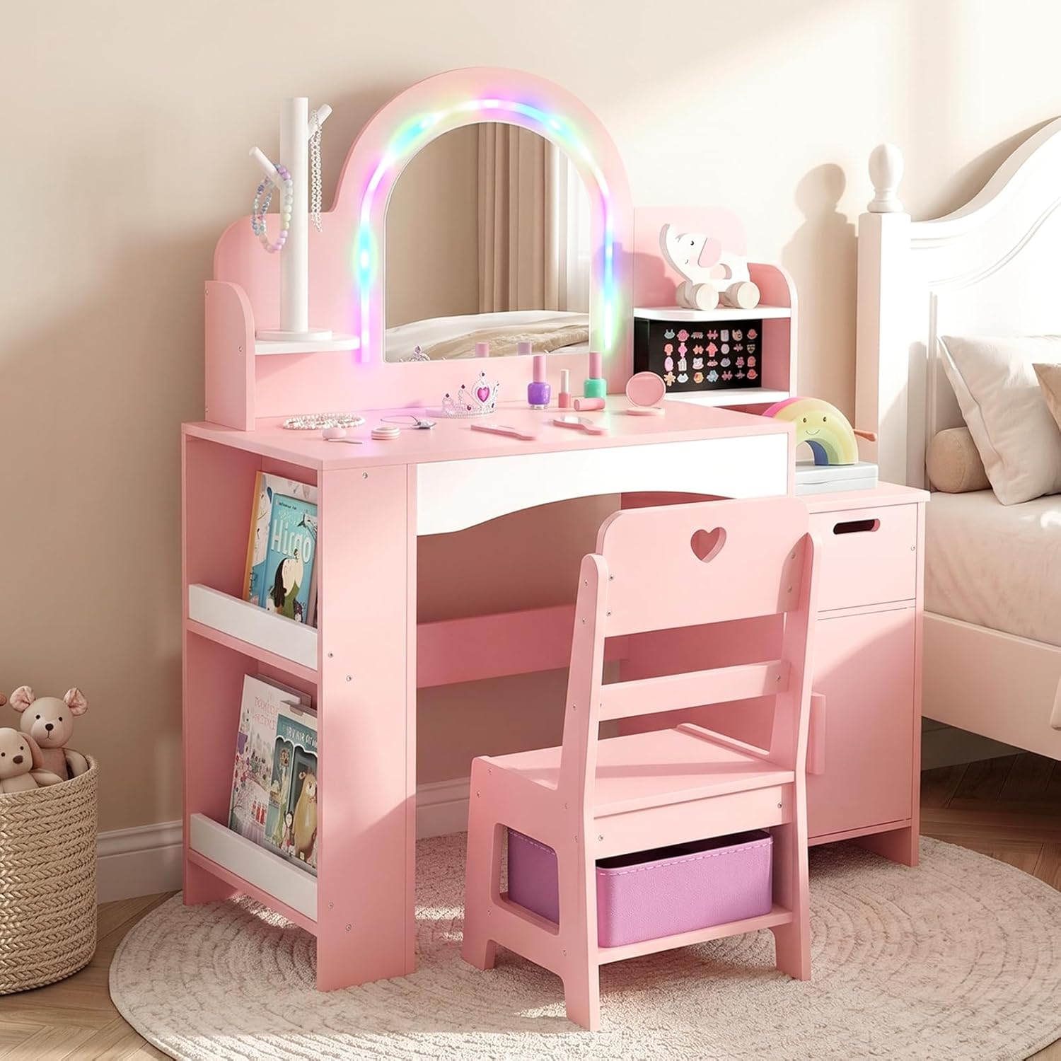 OLAKIDS Kids Vanity with Lights, Princess Makeup Desk with Mirror, Jewelry Hanger, Fabric Drawers, Toddler Table and Chair Set Pretend Play for Girls