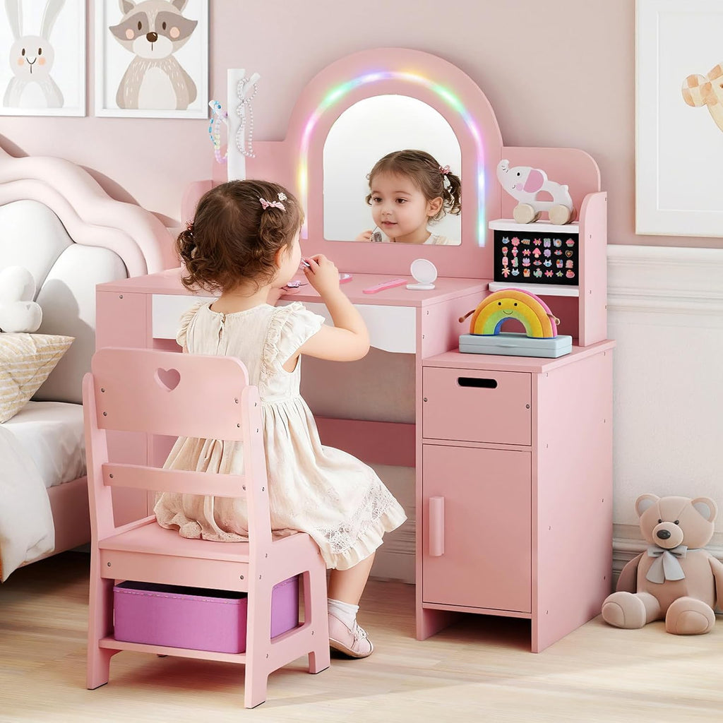 OLAKIDS Kids Vanity with Lights, Princess Makeup Desk with Mirror, Jewelry Hanger, Fabric Drawers, Toddler Table and Chair Set Pretend Play for Girls