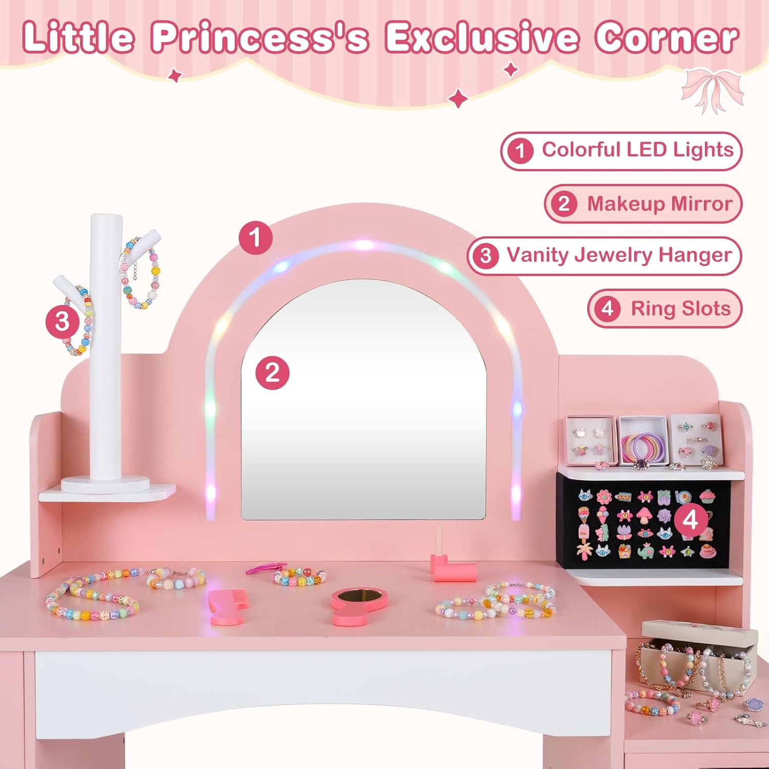 OLAKIDS Kids Vanity with Lights, Princess Makeup Desk with Mirror, Jewelry Hanger, Fabric Drawers, Toddler Table and Chair Set Pretend Play for Girls