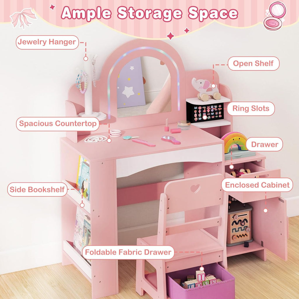 OLAKIDS Kids Vanity with Lights, Princess Makeup Desk with Mirror, Jewelry Hanger, Fabric Drawers, Toddler Table and Chair Set Pretend Play for Girls