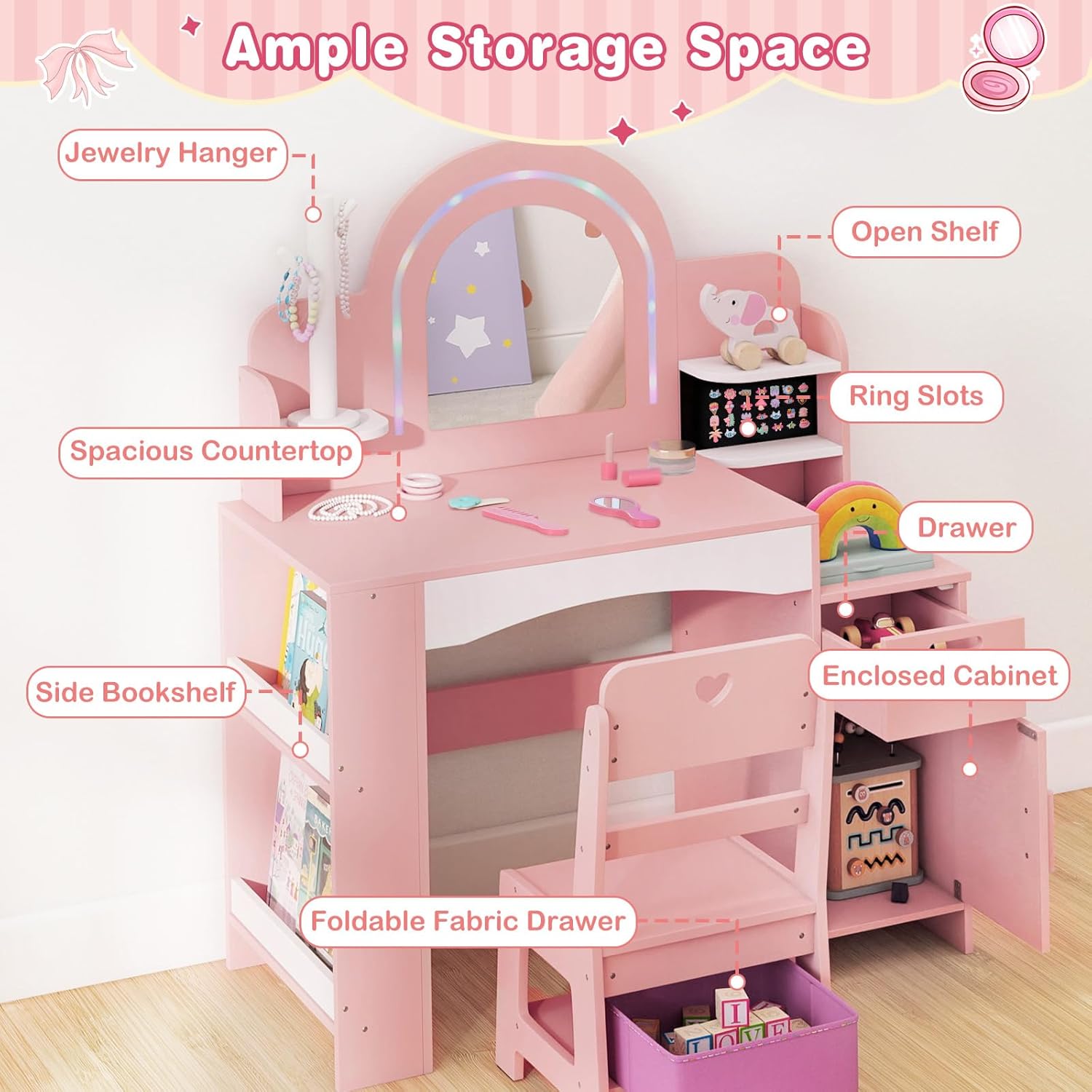 OLAKIDS Kids Vanity with Lights, Princess Makeup Desk with Mirror, Jewelry Hanger, Fabric Drawers, Toddler Table and Chair Set Pretend Play for Girls