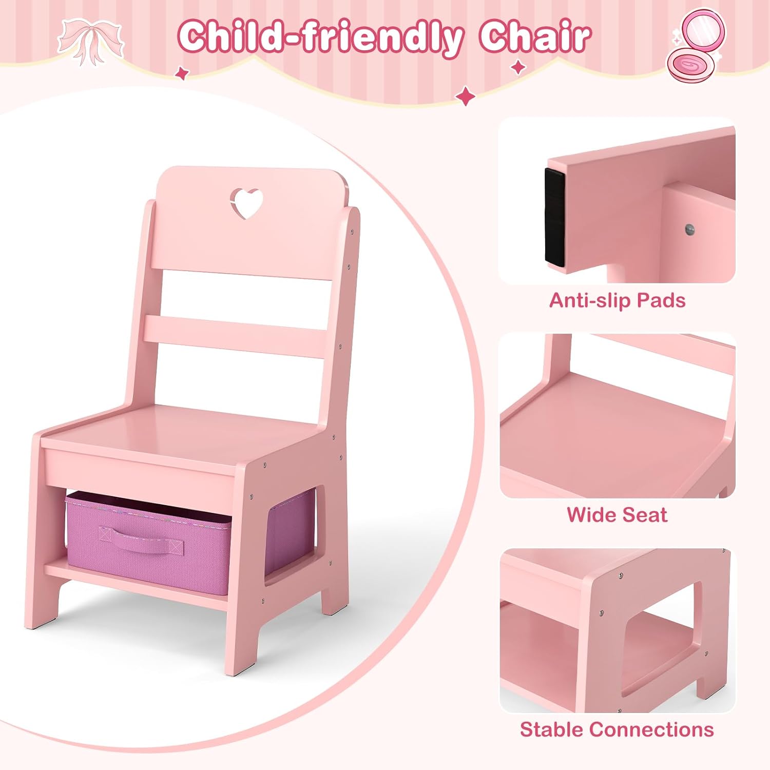 OLAKIDS Kids Vanity with Lights, Princess Makeup Desk with Mirror, Jewelry Hanger, Fabric Drawers, Toddler Table and Chair Set Pretend Play for Girls