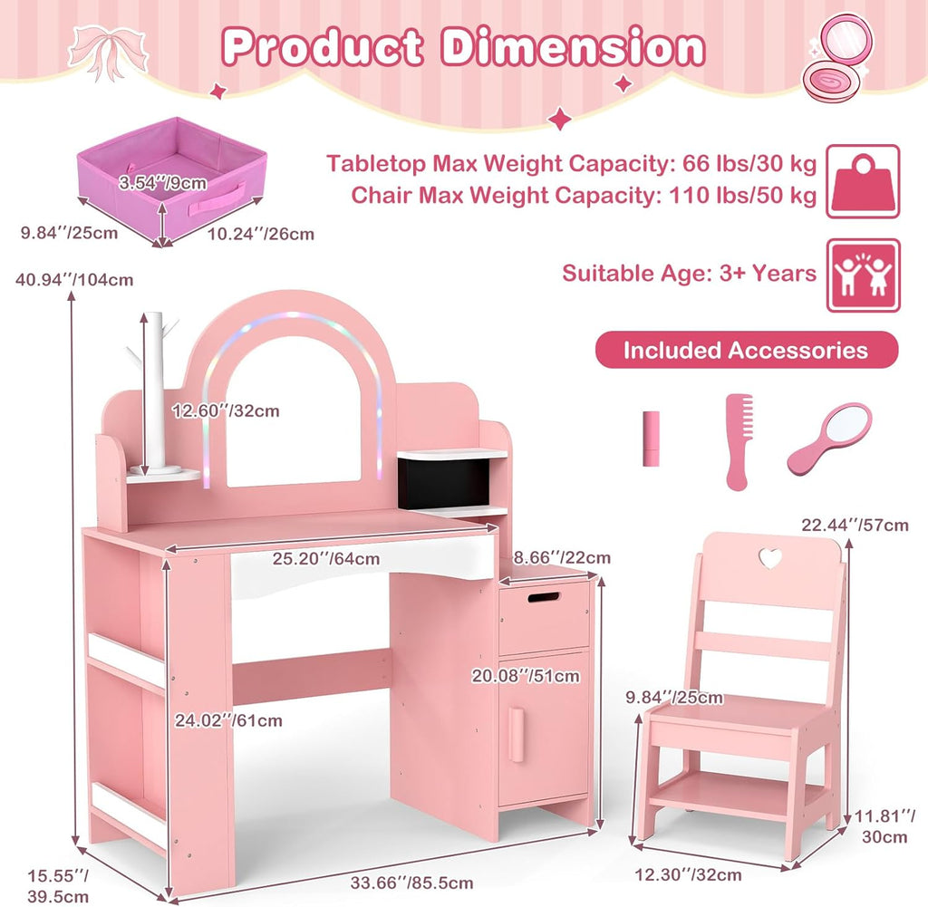 OLAKIDS Kids Vanity with Lights, Princess Makeup Desk with Mirror, Jewelry Hanger, Fabric Drawers, Toddler Table and Chair Set Pretend Play for Girls