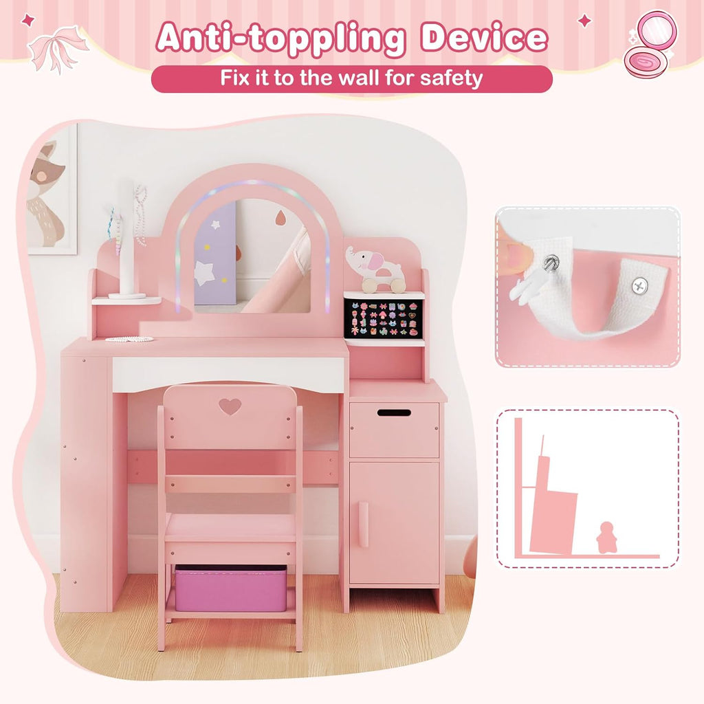 OLAKIDS Kids Vanity with Lights, Princess Makeup Desk with Mirror, Jewelry Hanger, Fabric Drawers, Toddler Table and Chair Set Pretend Play for Girls