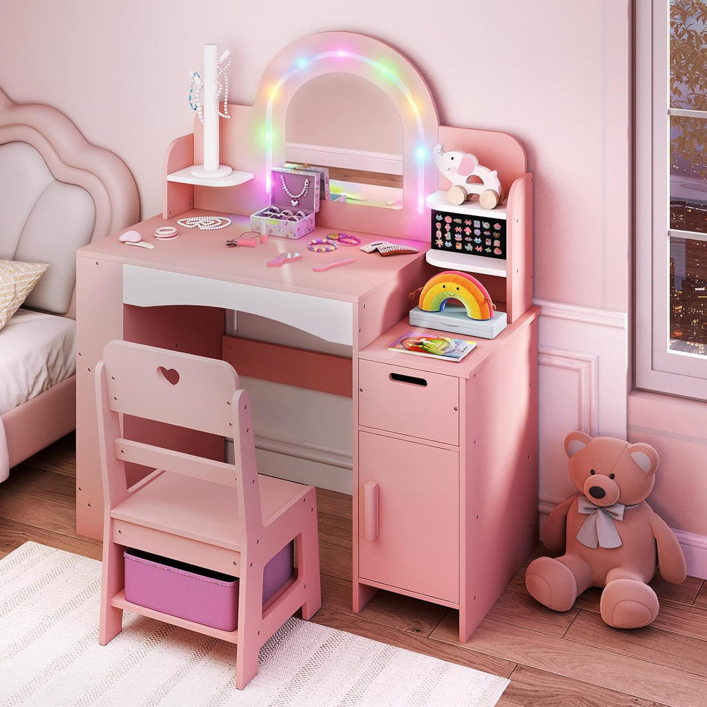 OLAKIDS Kids Vanity with Lights, Princess Makeup Desk with Mirror, Jewelry Hanger, Fabric Drawers, Toddler Table and Chair Set Pretend Play for Girls